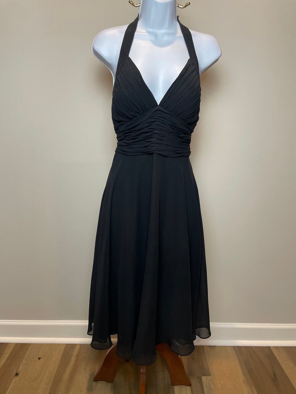 White House Black Market Silk Trim Halter Cocktail Dress 6 Black Knee Length